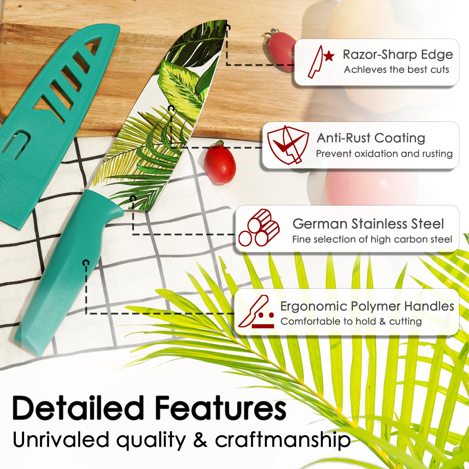 Astercook Knife Set, 12Pcs Colorful Tropical Designs Kitchen Knife Set, Palm Leaf Color-Coded Coated Stainless Steel Kitchen Knives with 6 Blade Guards, Dishwasher Safe