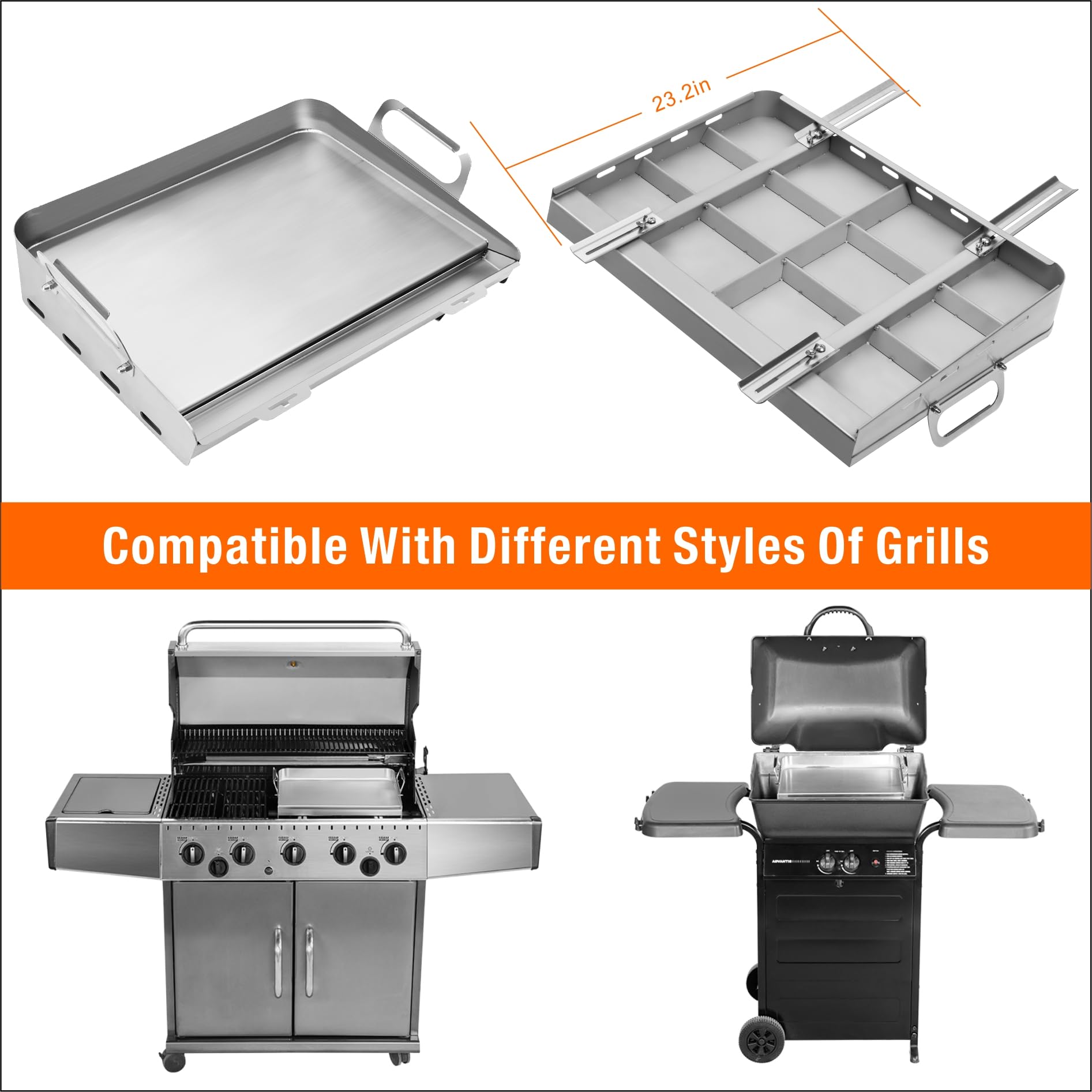 Griddle For Gas Grill,Flat Top Grill With Removable Grease Tray,24 * 16in Stainless Steel Nonstick Griddle Grill,Universal Griddle With Retractable Stand Accommodates Different Size Of Grill