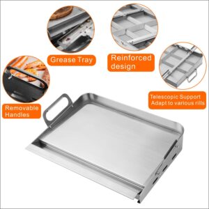 Griddle For Gas Grill,Flat Top Grill With Removable Grease Tray,24 * 16in Stainless Steel Nonstick Griddle Grill,Universal Griddle With Retractable Stand Accommodates Different Size Of Grill