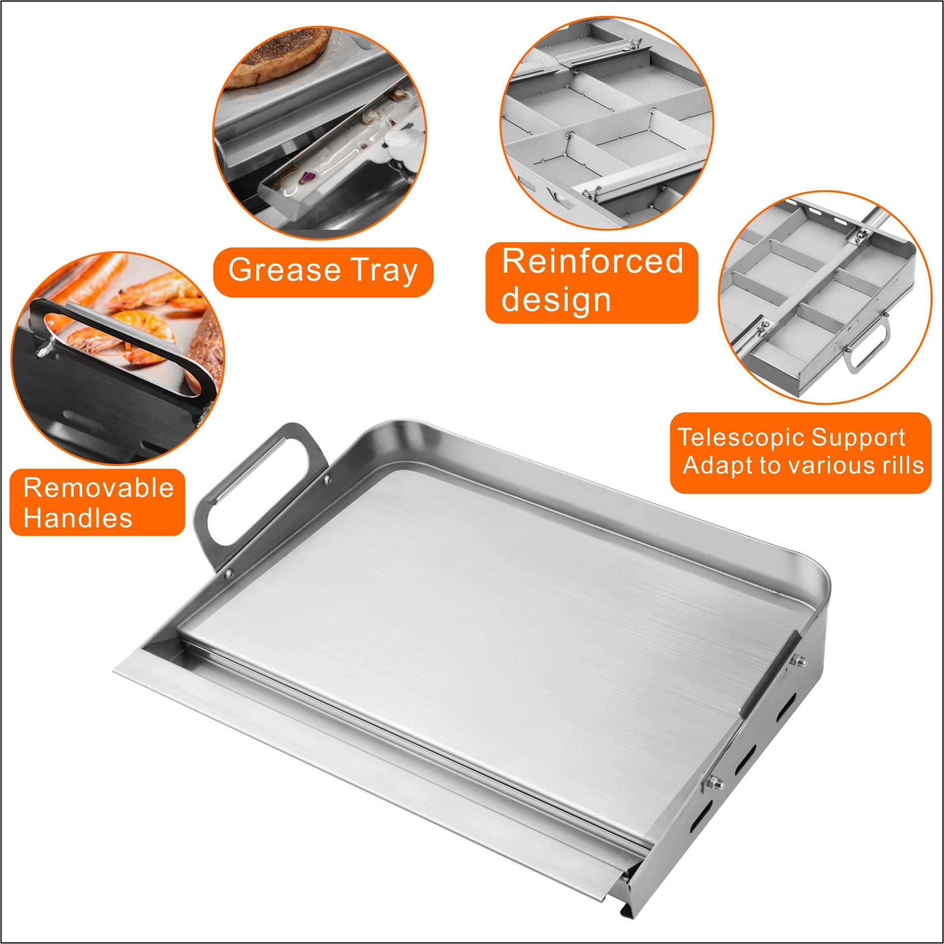 Griddle For Gas Grill,Flat Top Grill With Removable Grease Tray,24 * 16in Stainless Steel Nonstick Griddle Grill,Universal Griddle With Retractable Stand Accommodates Different Size Of Grill