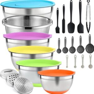 Naitesen 28PCS Mixing Bowls with Lids Colander Set, Stainless Steel Nesting Bowls with Measuring Spoons and Cups Cooking Utensils for Baking Supplies Kitchen Essentials Tools