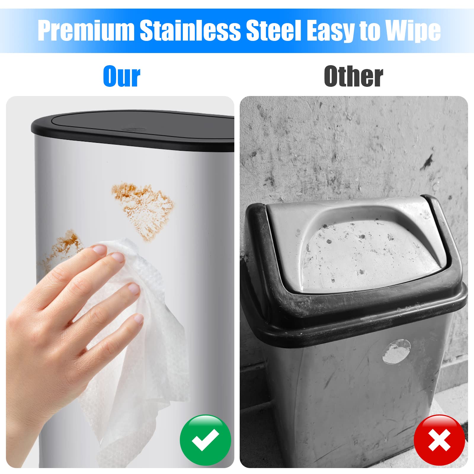Anzoymx Stainless Steel Bathroom Trash Cans 1.8 Gallons Small Garbage Can with Pop up Lid, Dog Proof Narrow Wastebasket, Slim Waterproof Litter Trash Bins Set for Bedroom, Toilet, Office (Silver)