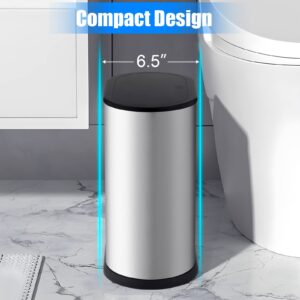 Anzoymx Stainless Steel Bathroom Trash Cans 1.8 Gallons Small Garbage Can with Pop up Lid, Dog Proof Narrow Wastebasket, Slim Waterproof Litter Trash Bins Set for Bedroom, Toilet, Office (Silver)
