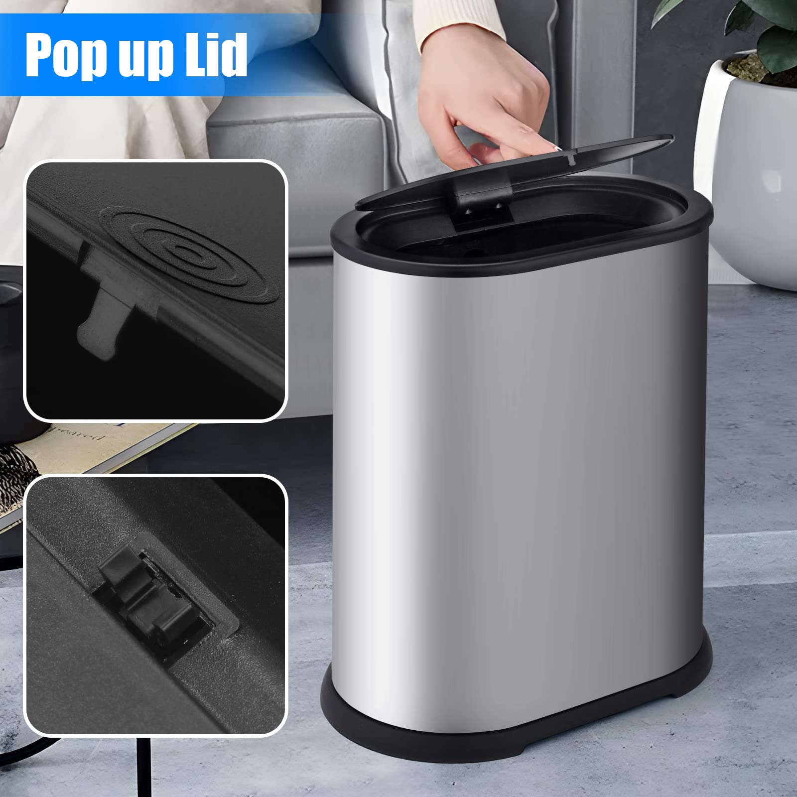 Anzoymx Stainless Steel Bathroom Trash Cans 1.8 Gallons Small Garbage Can with Pop up Lid, Dog Proof Narrow Wastebasket, Slim Waterproof Litter Trash Bins Set for Bedroom, Toilet, Office (Silver)