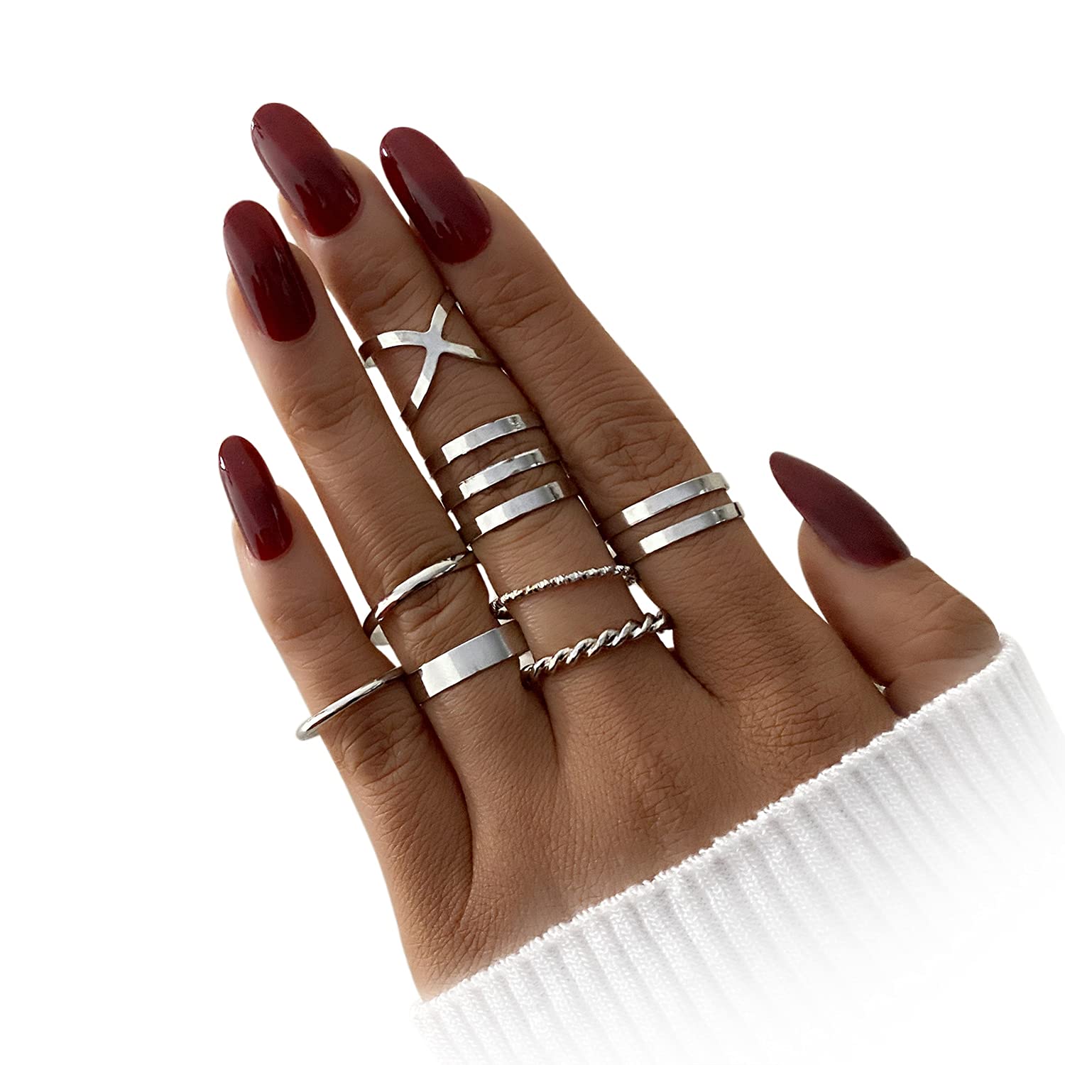 HAIAISO 8 Pcs Knuckle Rings Set Stainless Steel Ring Silver Simple Smooth Finger Stackable Rings Set for Women Plain Band Rings