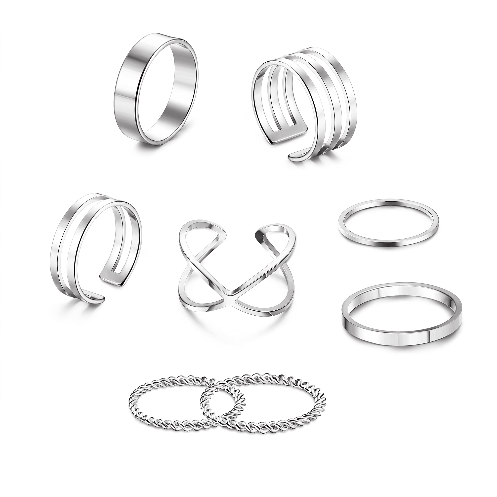 HAIAISO 8 Pcs Knuckle Rings Set Stainless Steel Ring Silver Simple Smooth Finger Stackable Rings Set for Women Plain Band Rings