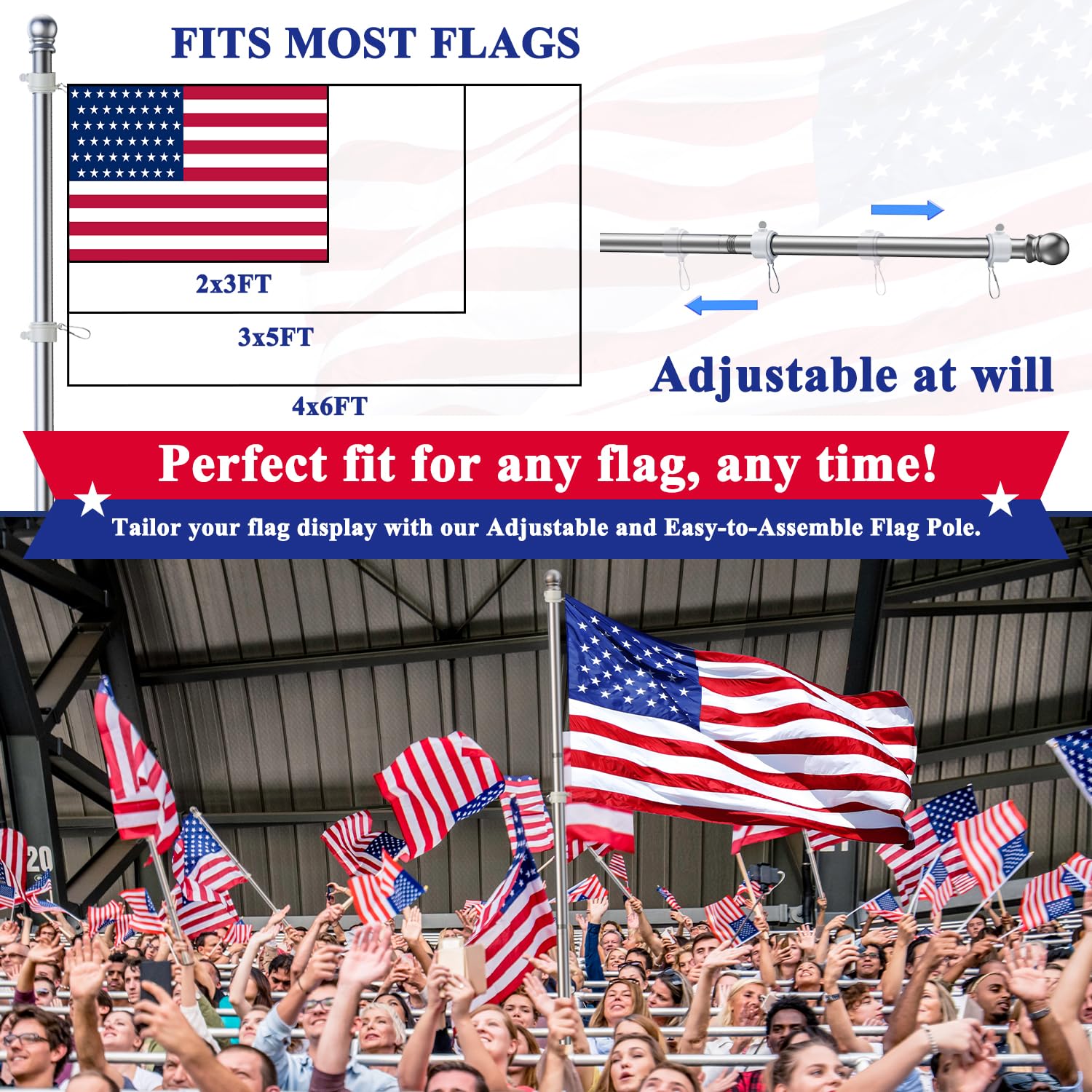 PHITRIC 5 FT Flag Pole, Tangle Free Spinning Stainless Steel Weather Resistant Rustproof Flagpole for 3x5 Sports Fan Outdoor Flags 1" Dia Flag Poles for Outside House, Wall-Mounted (Without Bracket)