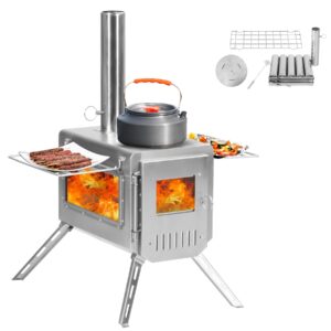 undusluy outdoor portable stainless steel wood burning stove, 22“ oversize heating burner stove for tent, camping, ice-fishing, cookout, hiking, travel, includes pipe tent stove