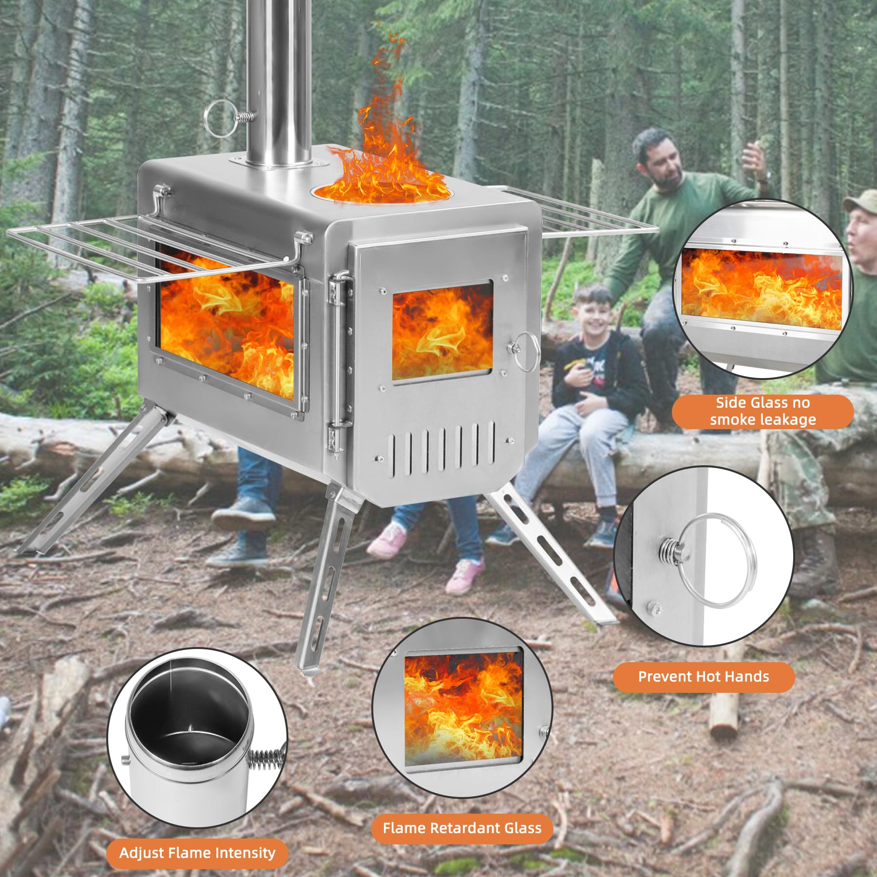 UNDUSLUY Outdoor Portable Stainless Steel Wood Burning Stove, 22“ Oversize Heating Burner Stove for Tent, Camping, Ice-Fishing, Cookout, Hiking, Travel, Includes Pipe Tent Stove