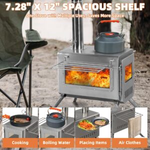 UNDUSLUY Outdoor Portable Stainless Steel Wood Burning Stove, 22“ Oversize Heating Burner Stove for Tent, Camping, Ice-Fishing, Cookout, Hiking, Travel, Includes Pipe Tent Stove