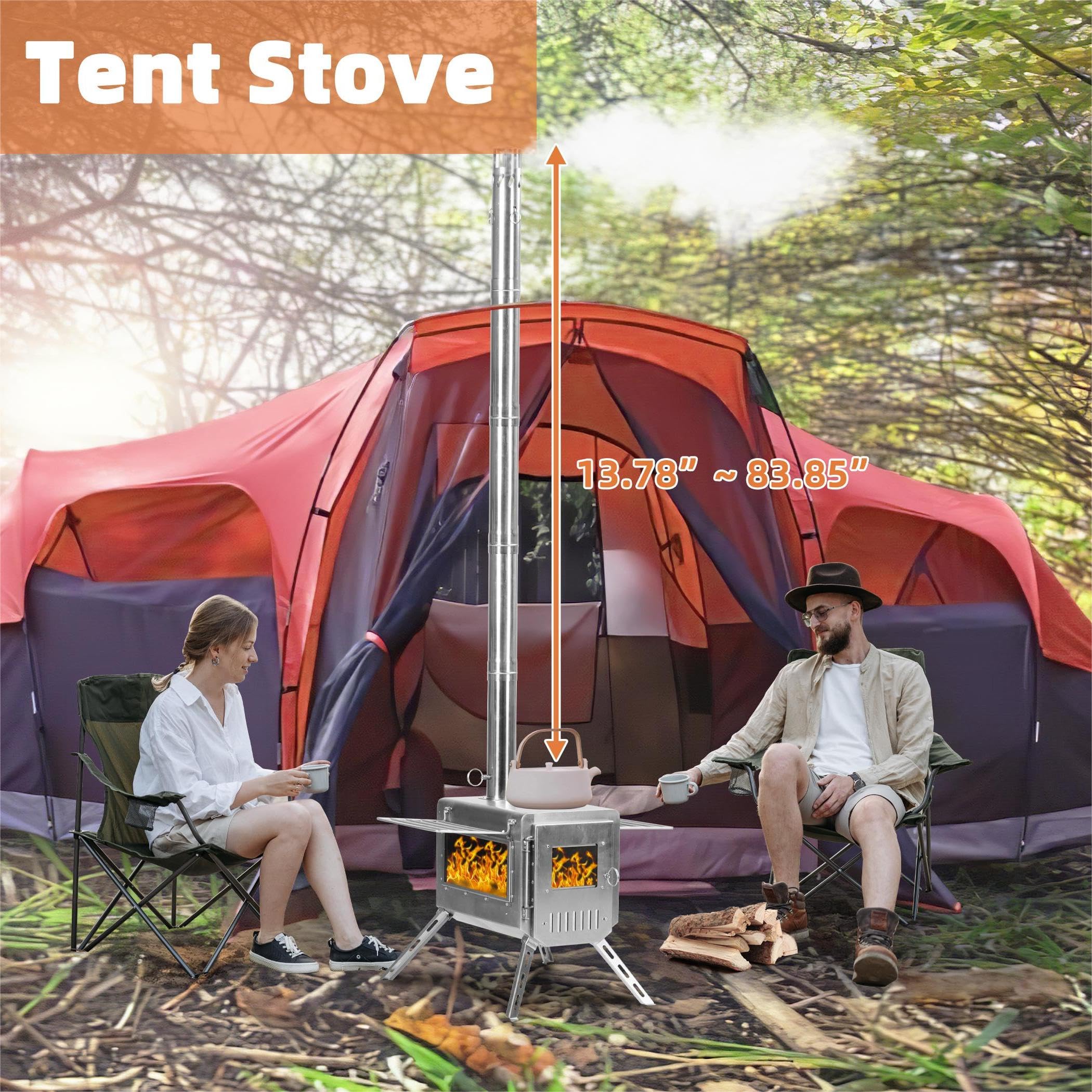 UNDUSLUY Outdoor Portable Stainless Steel Wood Burning Stove, 22“ Oversize Heating Burner Stove for Tent, Camping, Ice-Fishing, Cookout, Hiking, Travel, Includes Pipe Tent Stove