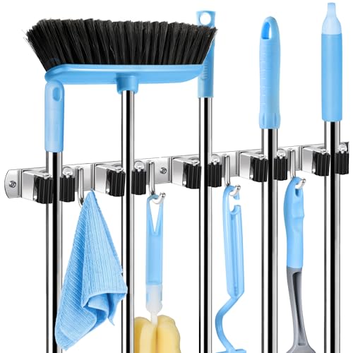 romise Mop Broom Holder Wall Mount, Laundry Broom Holder Organizer Storage Tool Wall Hanging with 5 Racks 4 Hooks, Stainless Steel Heavy Duty Garage Self Adhesive Tool Hanger for Home Garden Kitchen