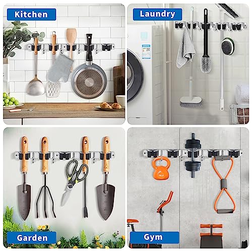 romise Mop Broom Holder Wall Mount, Laundry Broom Holder Organizer Storage Tool Wall Hanging with 5 Racks 4 Hooks, Stainless Steel Heavy Duty Garage Self Adhesive Tool Hanger for Home Garden Kitchen