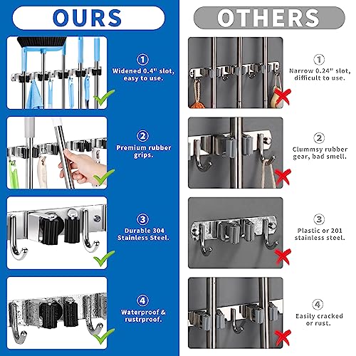 romise Mop Broom Holder Wall Mount, Laundry Broom Holder Organizer Storage Tool Wall Hanging with 5 Racks 4 Hooks, Stainless Steel Heavy Duty Garage Self Adhesive Tool Hanger for Home Garden Kitchen