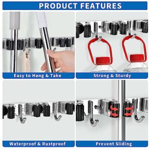 romise Mop Broom Holder Wall Mount, Laundry Broom Holder Organizer Storage Tool Wall Hanging with 5 Racks 4 Hooks, Stainless Steel Heavy Duty Garage Self Adhesive Tool Hanger for Home Garden Kitchen