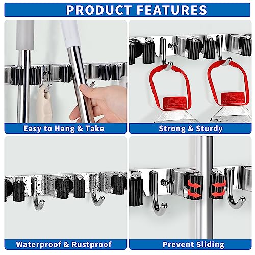 romise Mop Broom Holder Wall Mount, Laundry Broom Holder Organizer Storage Tool Wall Hanging with 5 Racks 4 Hooks, Stainless Steel Heavy Duty Garage Self Adhesive Tool Hanger for Home Garden Kitchen