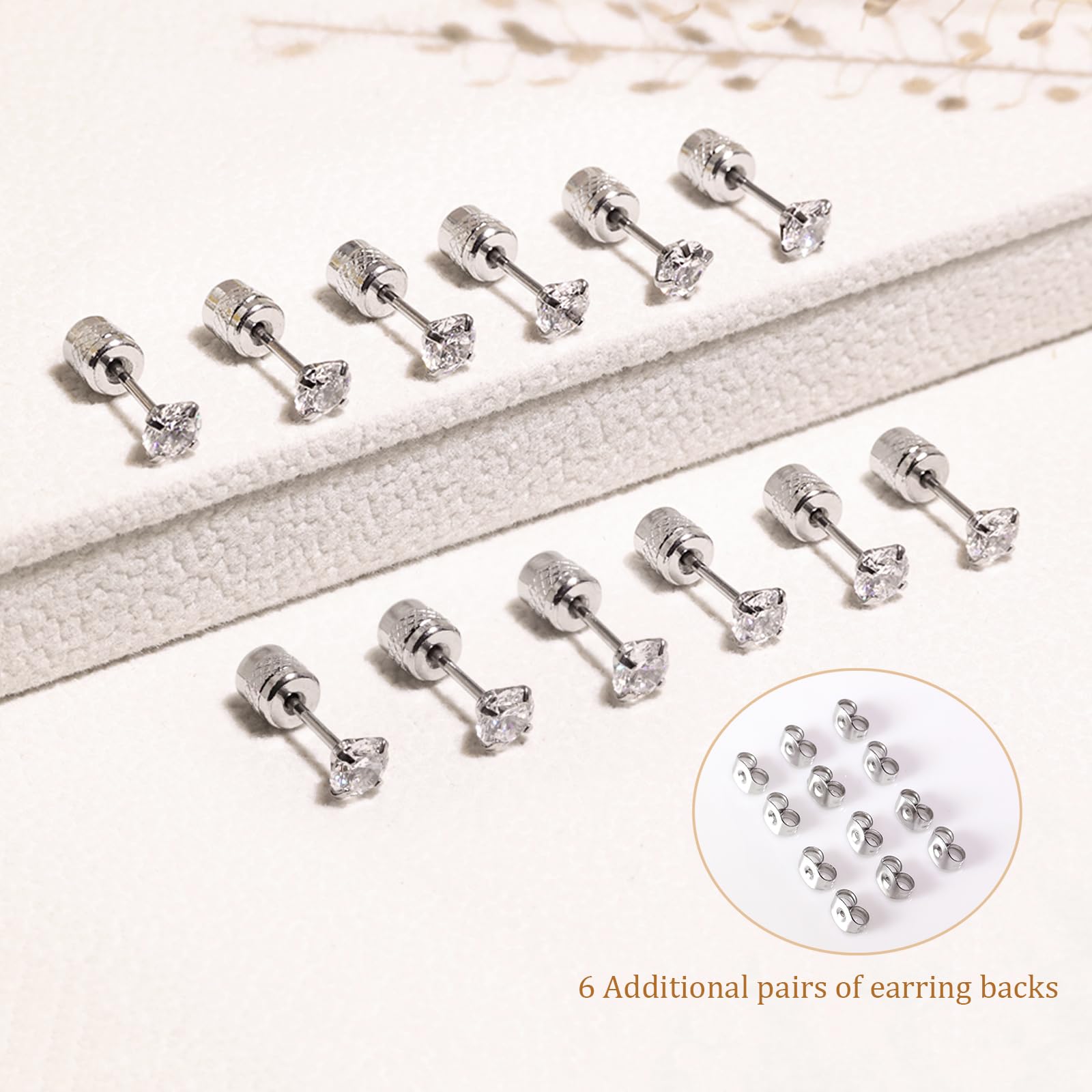 Threadless Flat Back Stud Earrings, 6 Pairs Titanium Hypoallergenic Earrings for Women Men, Cubic Zirconia Silver Gold Stud Earrings Surgical Stainless Steel Stud Earrings Set for Cartilage 2-8mm,