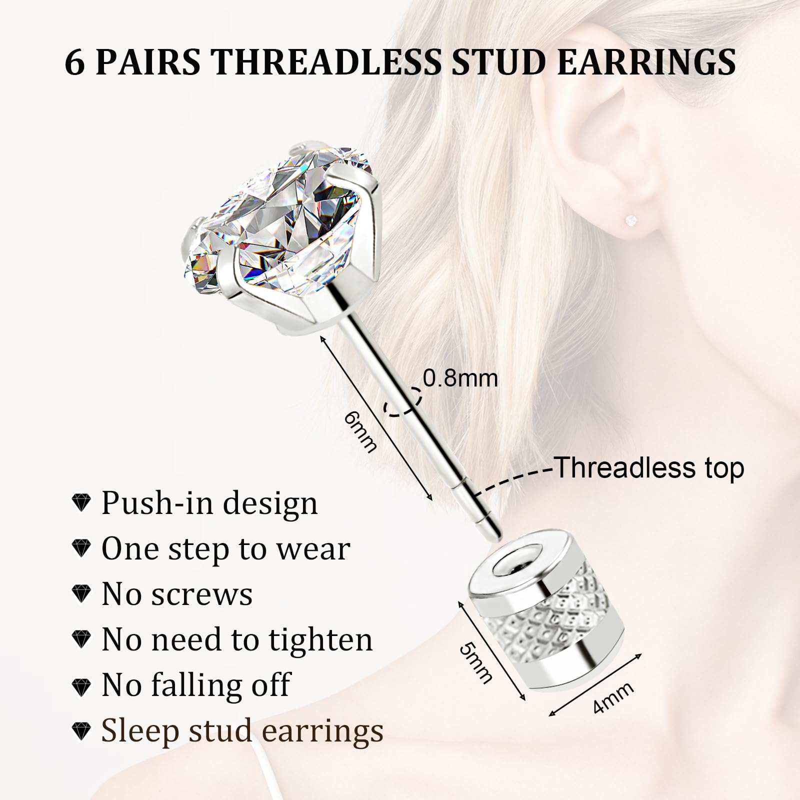 Threadless Flat Back Stud Earrings, 6 Pairs Titanium Hypoallergenic Earrings for Women Men, Cubic Zirconia Silver Gold Stud Earrings Surgical Stainless Steel Stud Earrings Set for Cartilage 2-8mm,