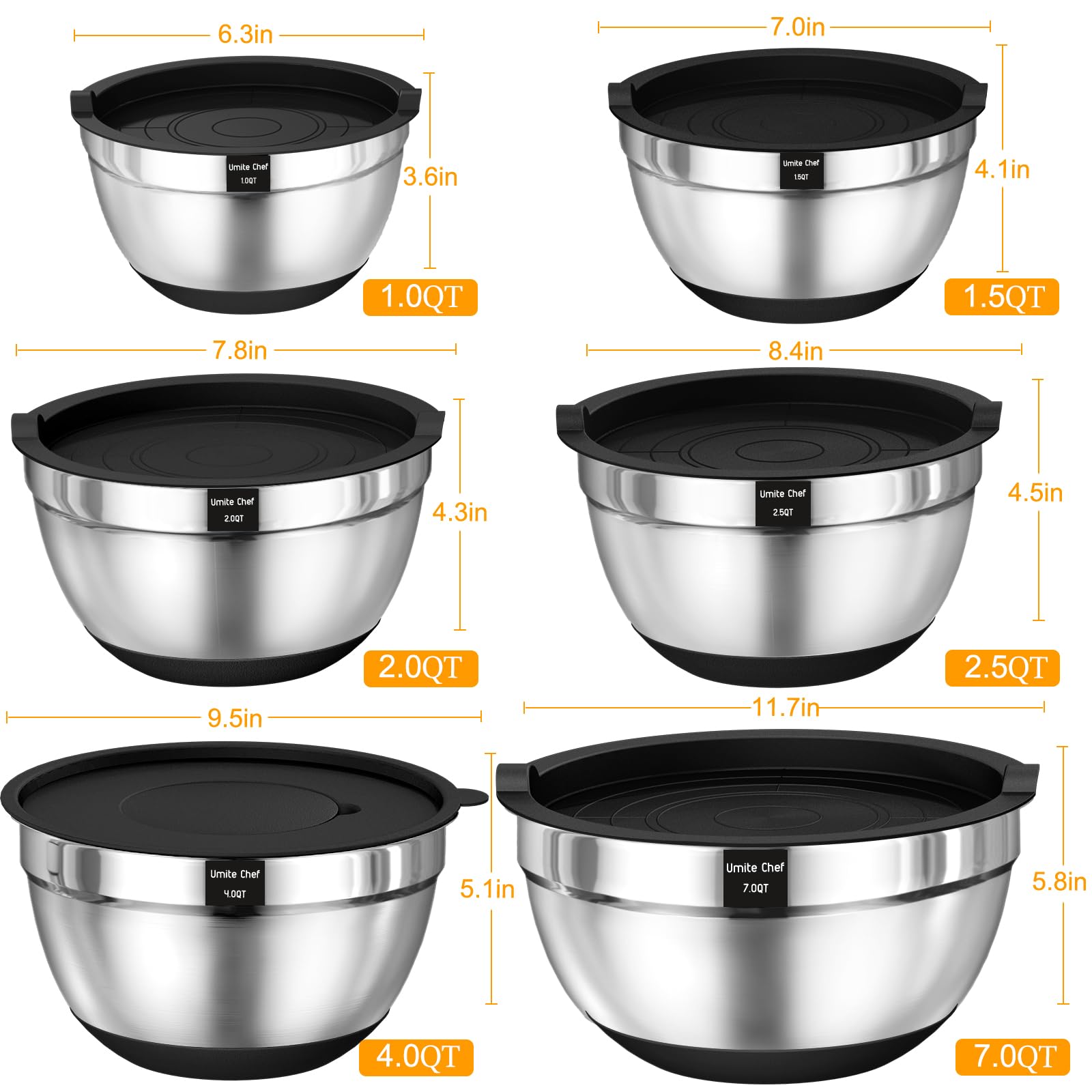 Umite Chef Mixing Bowls with Airtight Lids, 26Pcs Stainless Steel Bowls Set, 3 Grater Attachments & Black Non-Slip Bottoms Size 7, 4, 2.5, 2.0,1.5, 1QT, Great for Mixing & Serving