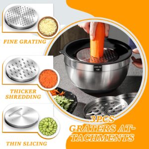 Umite Chef Mixing Bowls with Airtight Lids, 26Pcs Stainless Steel Bowls Set, 3 Grater Attachments & Black Non-Slip Bottoms Size 7, 4, 2.5, 2.0,1.5, 1QT, Great for Mixing & Serving