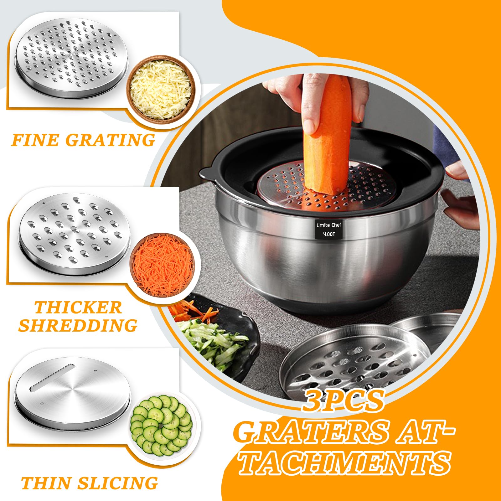 Umite Chef Mixing Bowls with Airtight Lids, 26Pcs Stainless Steel Bowls Set, 3 Grater Attachments & Black Non-Slip Bottoms Size 7, 4, 2.5, 2.0,1.5, 1QT, Great for Mixing & Serving