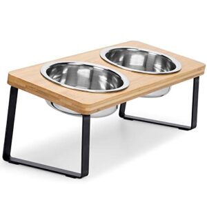 Elevated Cat Bowls for Food and Water - Loplurea 15° Tilted Raised Stainless Steel Cat Food Bowl with Bamboo Stand and Anti Vomit Feeding Station for Indoor Cats and Pet