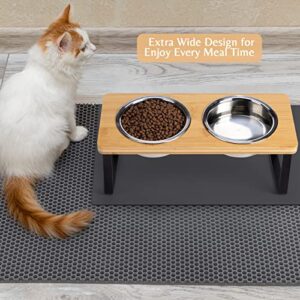 Elevated Cat Bowls for Food and Water - Loplurea 15° Tilted Raised Stainless Steel Cat Food Bowl with Bamboo Stand and Anti Vomit Feeding Station for Indoor Cats and Pet