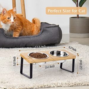 Elevated Cat Bowls for Food and Water - Loplurea 15° Tilted Raised Stainless Steel Cat Food Bowl with Bamboo Stand and Anti Vomit Feeding Station for Indoor Cats and Pet