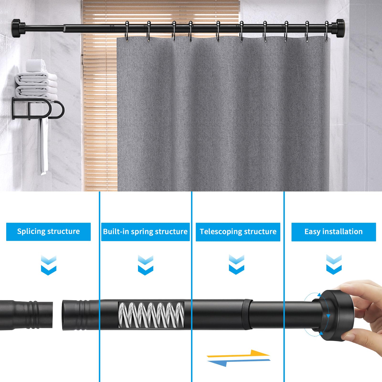 YNL Shower Curtain Rod 34-82 (2.8-6.8ft) Inches with 12Pcs Shower Curtain Rings, Adjustable Shower Rod No Drilling, Non-Slip, Never Rust, Stainless Steel, Suitable for Bathroom Window, Matte Black