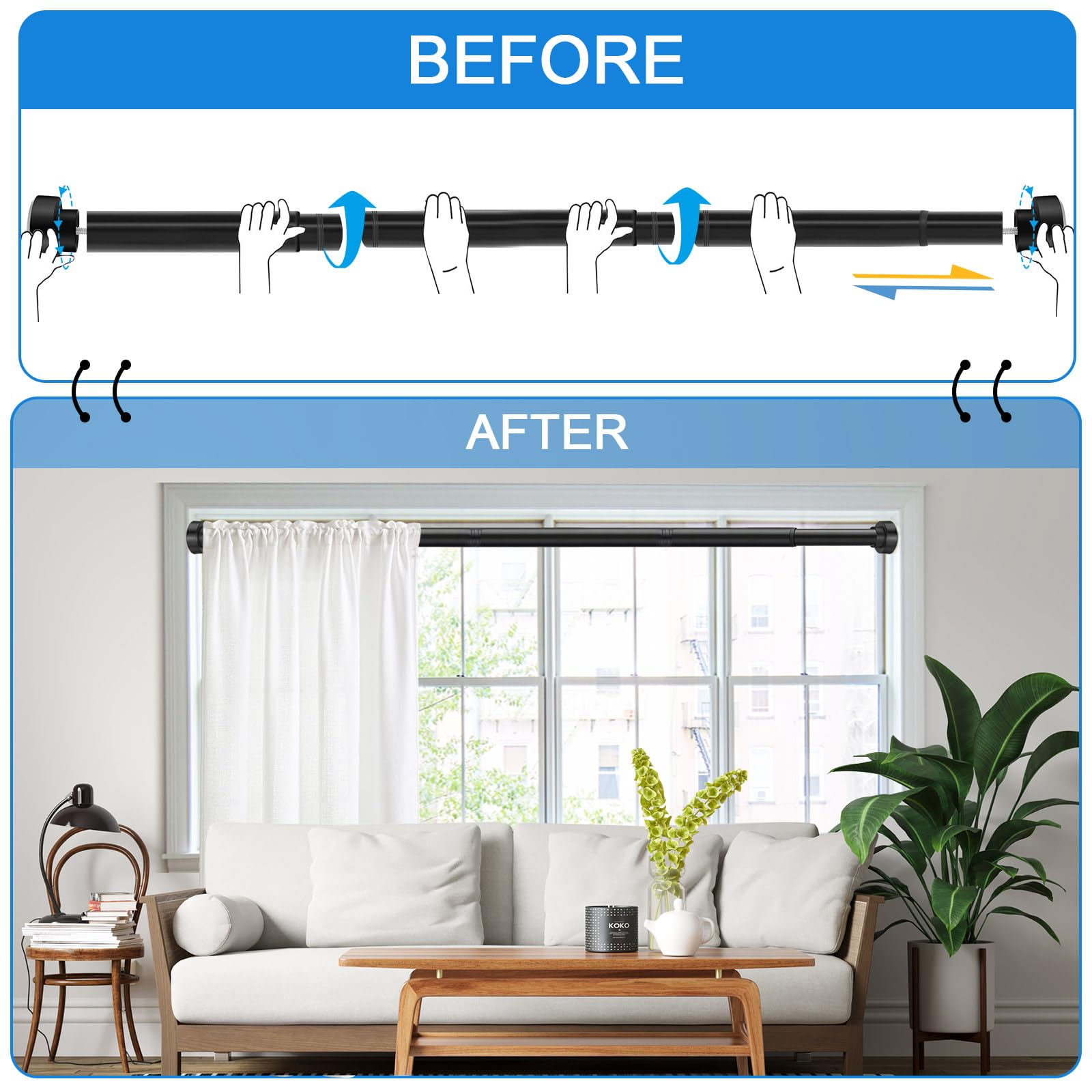 YNL Shower Curtain Rod 34-82 (2.8-6.8ft) Inches with 12Pcs Shower Curtain Rings, Adjustable Shower Rod No Drilling, Non-Slip, Never Rust, Stainless Steel, Suitable for Bathroom Window, Matte Black