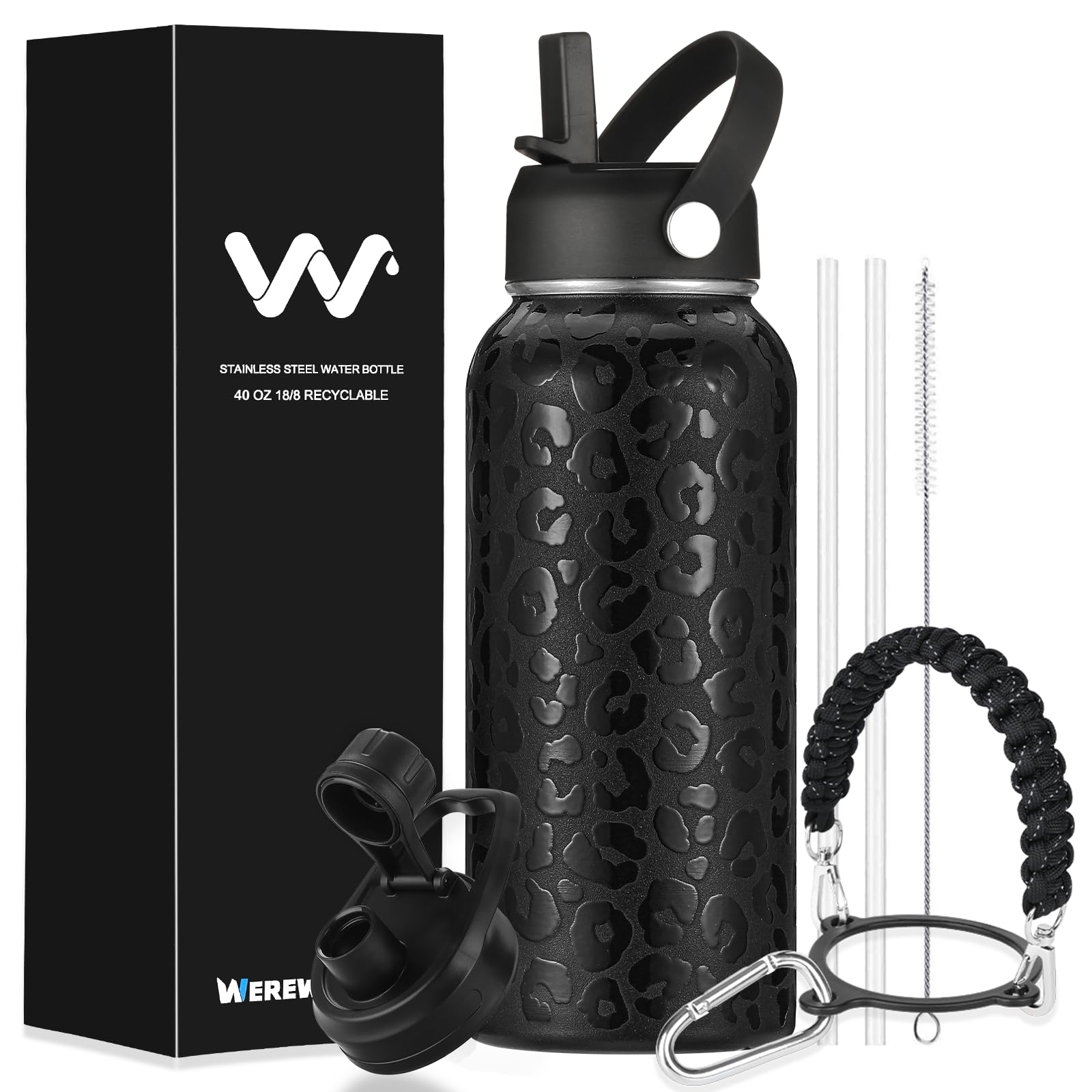 WEREWOLVES Personalized Insulated Water Bottle with Paracord Handle Straw Lid & Spout Lid, Vacuum Stainless Steel Wide Mouth Water Bottle for Adults (40oz, Leopard Print-Black)