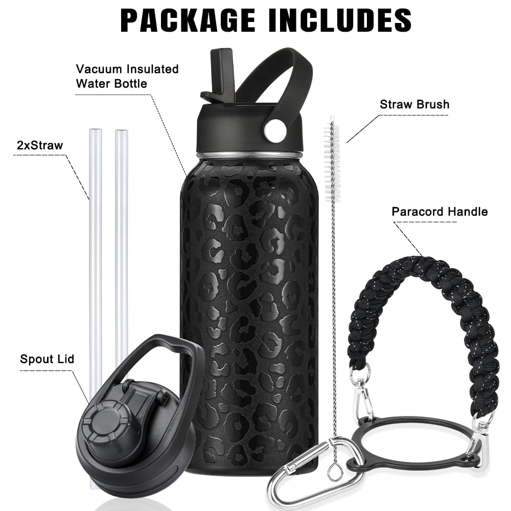 WEREWOLVES Personalized Insulated Water Bottle with Paracord Handle Straw Lid & Spout Lid, Vacuum Stainless Steel Wide Mouth Water Bottle for Adults (40oz, Leopard Print-Black)