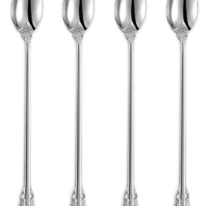 KEAWELL Luxurious 9 Inch Long Iced Tea Spoon Set - 4 Pieces - Gorgeous Design with Exceptional Mirror Polished Finish - 18/10 Stainless Steel- Perfect for Tall Glasses, Cocktails (Silver)