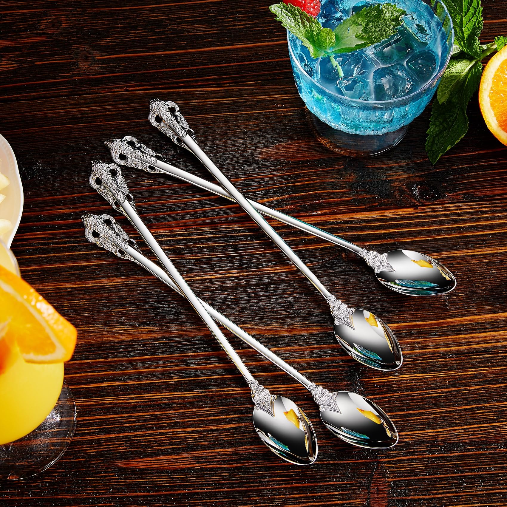 KEAWELL Luxurious 9 Inch Long Iced Tea Spoon Set - 4 Pieces - Gorgeous Design with Exceptional Mirror Polished Finish - 18/10 Stainless Steel- Perfect for Tall Glasses, Cocktails (Silver)