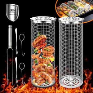 rolling grilling baskets outdoor accessories stainless steel cylinder tubes vegetable cage veggie grill bbq basket nets veggies barbecue round net cylinders barbeque kabob fish meat gear gift （2pcs）