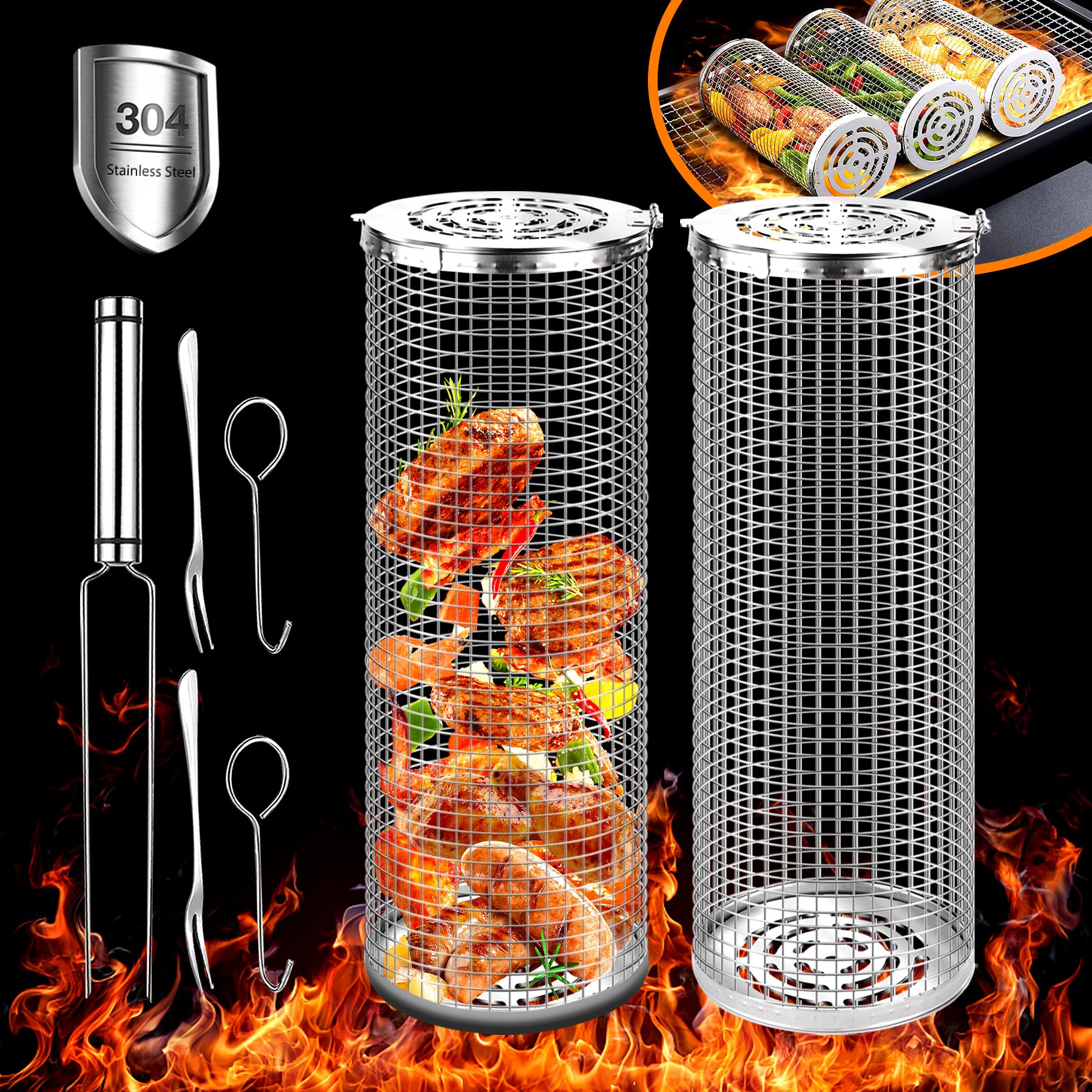 Rolling Grilling Baskets Outdoor Accessories Stainless Steel Cylinder Tubes Vegetable Cage Veggie Grill Bbq Basket Nets Veggies Barbecue Round Net Cylinders Barbeque Kabob Fish Meat Gear Gift （2pcs）