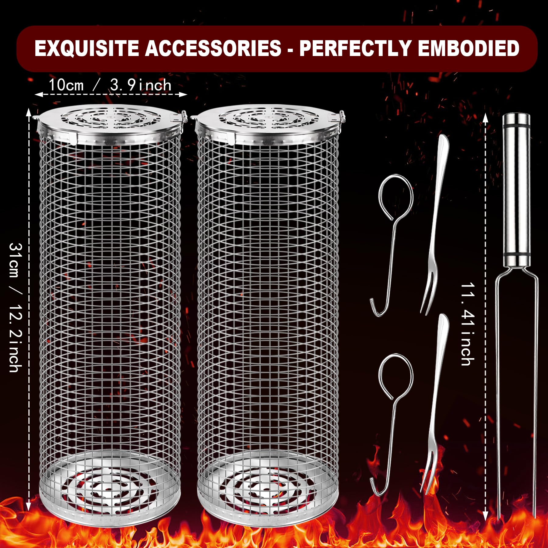 Rolling Grilling Baskets Outdoor Accessories Stainless Steel Cylinder Tubes Vegetable Cage Veggie Grill Bbq Basket Nets Veggies Barbecue Round Net Cylinders Barbeque Kabob Fish Meat Gear Gift （2pcs）