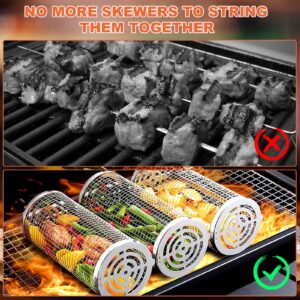 Rolling Grilling Baskets Outdoor Accessories Stainless Steel Cylinder Tubes Vegetable Cage Veggie Grill Bbq Basket Nets Veggies Barbecue Round Net Cylinders Barbeque Kabob Fish Meat Gear Gift （2pcs）