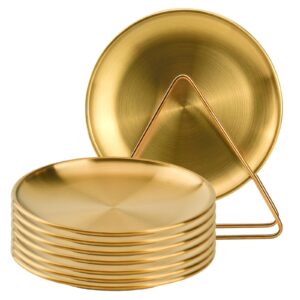 No Name No Seal 8-piece 6.5-inch appetizer plate with stand set Gold silver stainless steel round plates Suitable for cakes desserts, salads, dips, snacks, side dishes (Gold, 6.5inch)