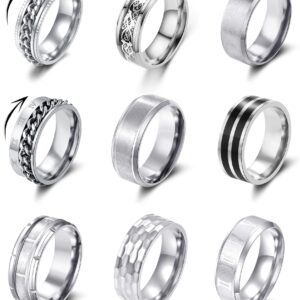 YOVORO 9Pcs Stainless Steel Band Rings for Men Women Fidget Anxiety Relief Rings Spinner Ring Wedding Promise Rings Set S10