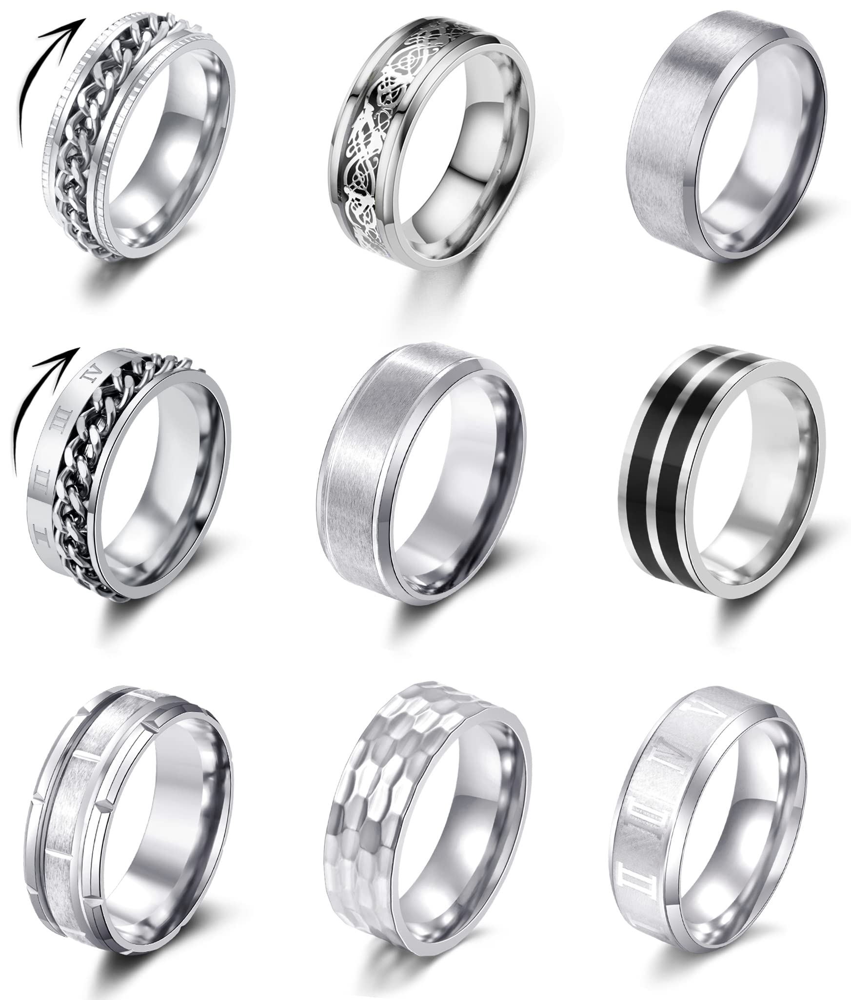 YOVORO 9Pcs Stainless Steel Band Rings for Men Women Fidget Anxiety Relief Rings Spinner Ring Wedding Promise Rings Set S10