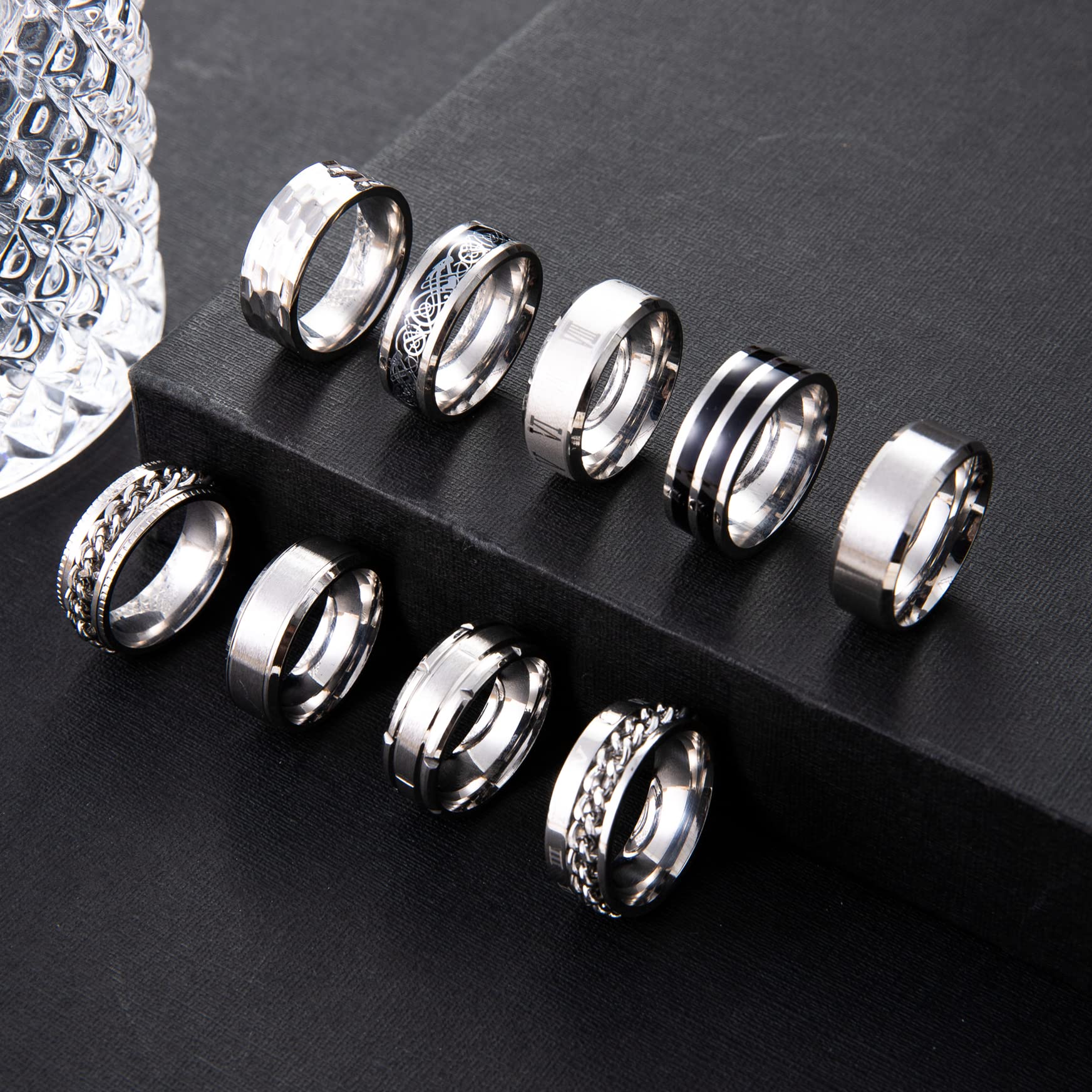 YOVORO 9Pcs Stainless Steel Band Rings for Men Women Fidget Anxiety Relief Rings Spinner Ring Wedding Promise Rings Set S10