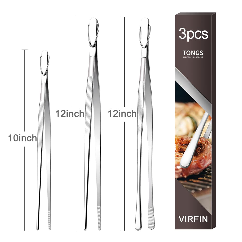 VIRFIN 3PCS Kitchen Tweezers, Fine Tweezer Tongs for Cooking, Extra-Long Stainless Steel Cooking Tweezers f or Kitchen, Baking, Sea Food, Food, BBQ, Repairing and Pet Feeding(10 12 12 Inch, Silver)