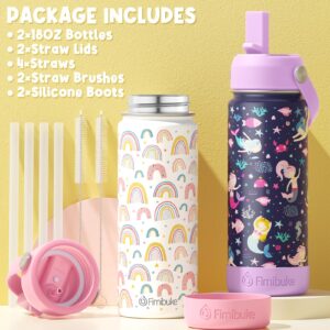 Fimibuke Kids Insulated Water Bottle - 18oz BPA-FREE Kid Cup with Straw Double Wall Vacuum Tumbler 18/8 Stainless Steel Leak Proof Toddler Water Bottle for School Boys Girls (2 Pack, Unicorn/Dinosaur)