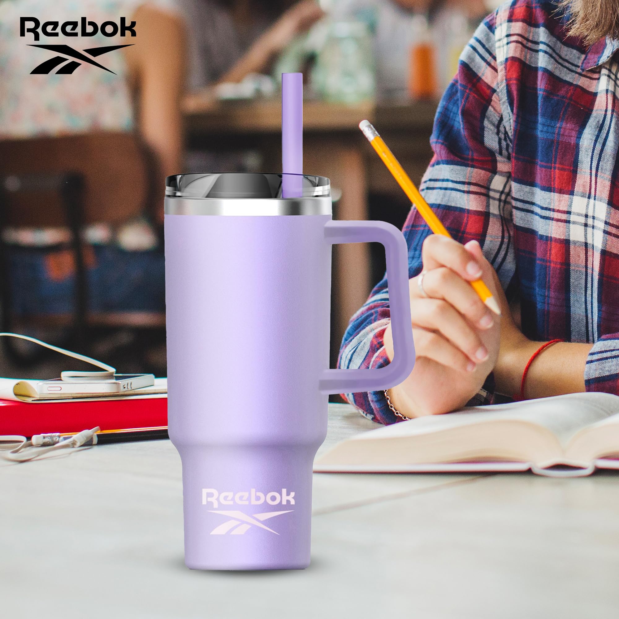 Reebok Stainless Steel Tumbler With Lifestyle Design - 40oz Tumbler With Handle - Double Wall Tumbler Vacuum Insulated - Leak Proof Tumbler For Men & Women (Purple)