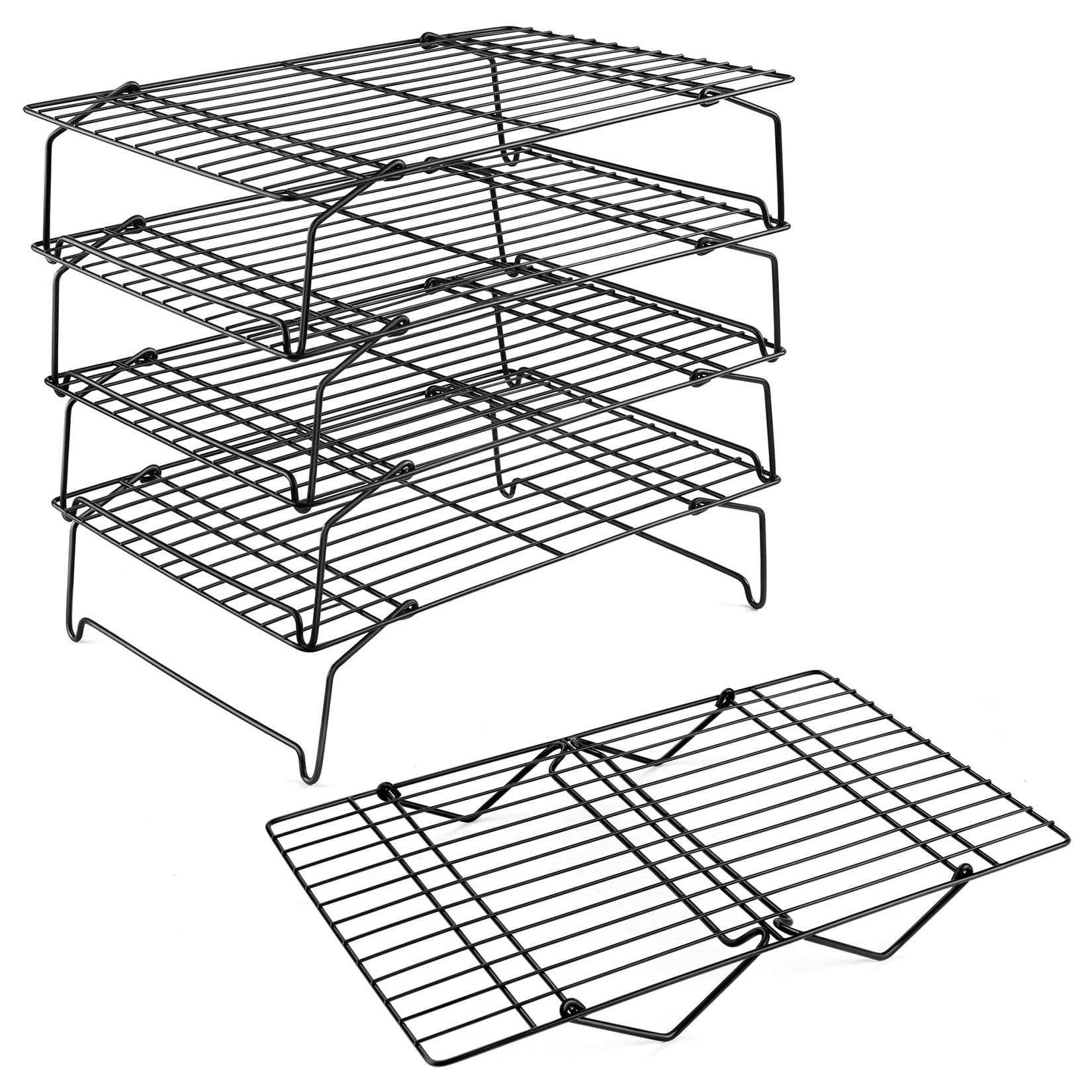 5-Tier Nonstick Cooling Racks, P&P CHEF Stackable Baking Rack Set for Cooking Roasting, Oven Safe & Easy Clean, Stainless Steel Core & Durable, 15” x 10”, Rectangle, Black