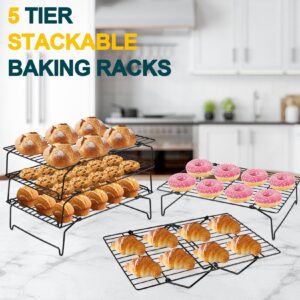 5-Tier Nonstick Cooling Racks, P&P CHEF Stackable Baking Rack Set for Cooking Roasting, Oven Safe & Easy Clean, Stainless Steel Core & Durable, 15” x 10”, Rectangle, Black