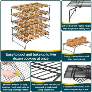 5-Tier Nonstick Cooling Racks, P&P CHEF Stackable Baking Rack Set for Cooking Roasting, Oven Safe & Easy Clean, Stainless Steel Core & Durable, 15” x 10”, Rectangle, Black