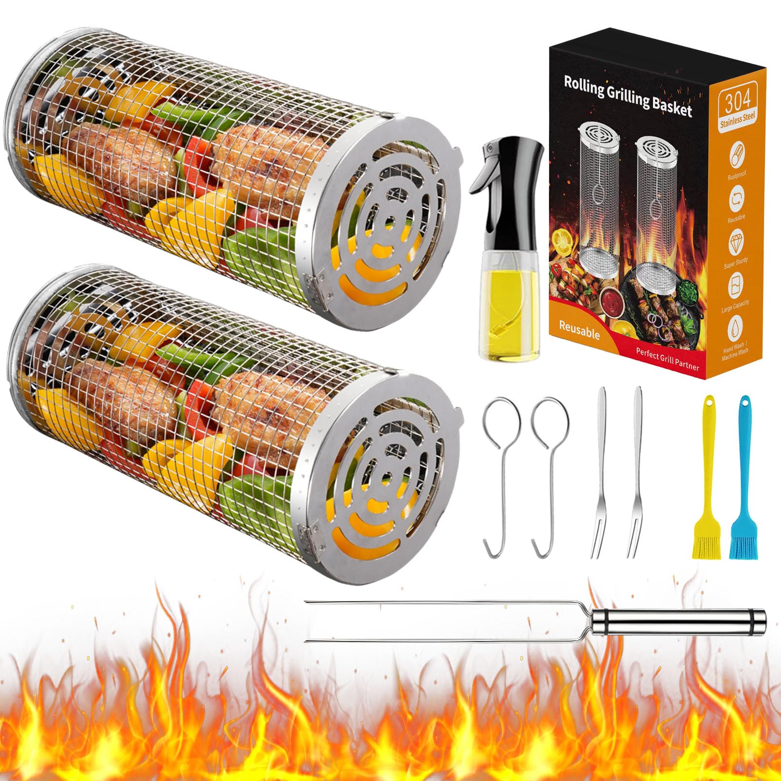 Rolling Grilling Baskets for Outdoor Grill Bbq ，Stainless Steel Grill Mesh Barbeque Grill Accessories,Outdoor Round BBQ Stainless Steel Grill Basket Campfire Grill Grid - Camping Picnic Cookware