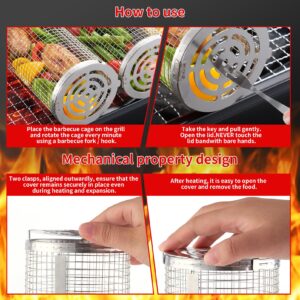 Rolling Grilling Baskets for Outdoor Grill Bbq ，Stainless Steel Grill Mesh Barbeque Grill Accessories,Outdoor Round BBQ Stainless Steel Grill Basket Campfire Grill Grid - Camping Picnic Cookware